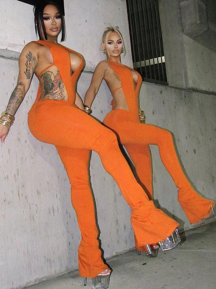 Weird Puss Sexy Hipster Women Tracksuit 2 Piece Set Deep V-Neck Sleeveless Bodysuit+Leggings Matching Hipster Streetwear Outfits