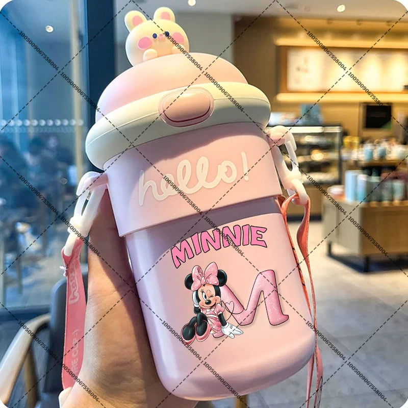 Minnie Thermal Water Cup Summer Strap Sport Drinking Cups A-Z Letter Kid Picnic Container Glasses Fresh Portable Travel Supplies