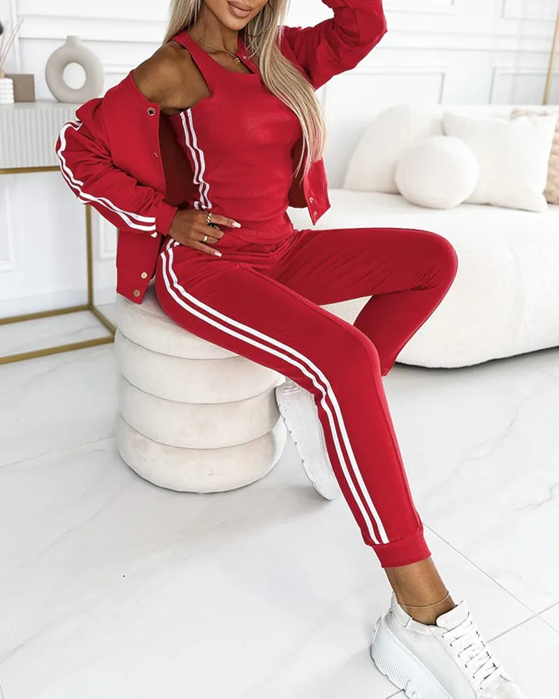 Autumn 3 Piece Tracksuit Outfit Set Striped Tape Patch Button Front Jacket Cuffed Pants Tank Top with Pockets for Casual Wear