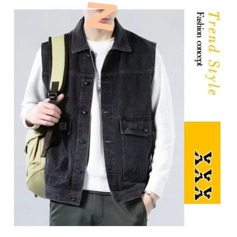 Loose Men's Denim Vest Spring Autumn American Retro Style Sleeveless Workwear Jacket Casual Trendy Brand Outerwear