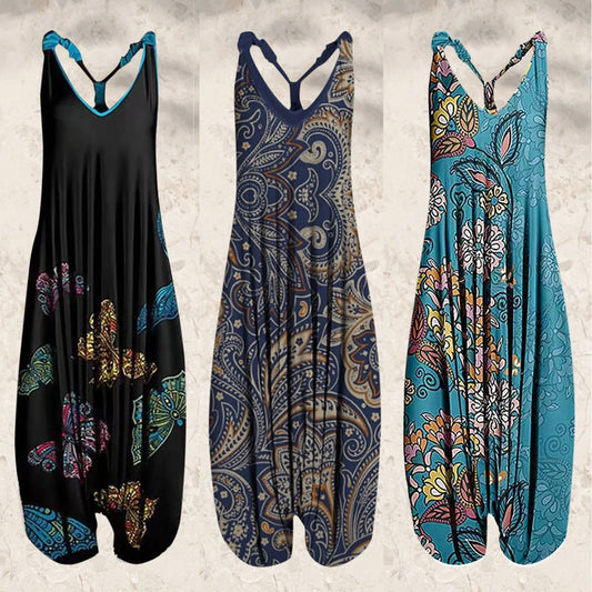 Women Jumpsuit Vintage Batterflies Sleeved Colorful Floral Prints Straps Sexy V Neck Rompers Backless Playsuit Loose Outfits