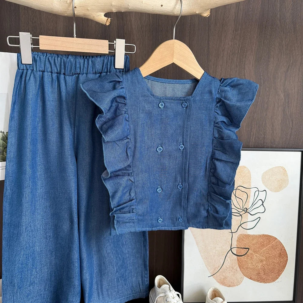 Bear Leader Toddler Girl Clothes Summer Solid Color Imitation Denim Children's Suit Blue Ruffled Sleeveless Vest+Pants 2Pcs Set
