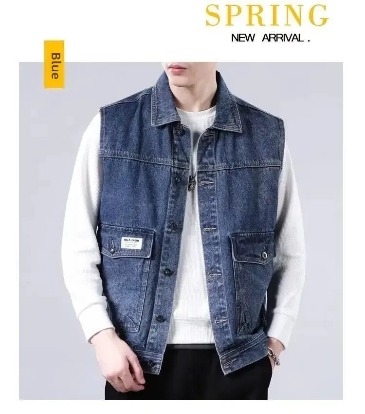 Loose Men's Denim Vest Spring Autumn American Retro Style Sleeveless Workwear Jacket Casual Trendy Brand Outerwear