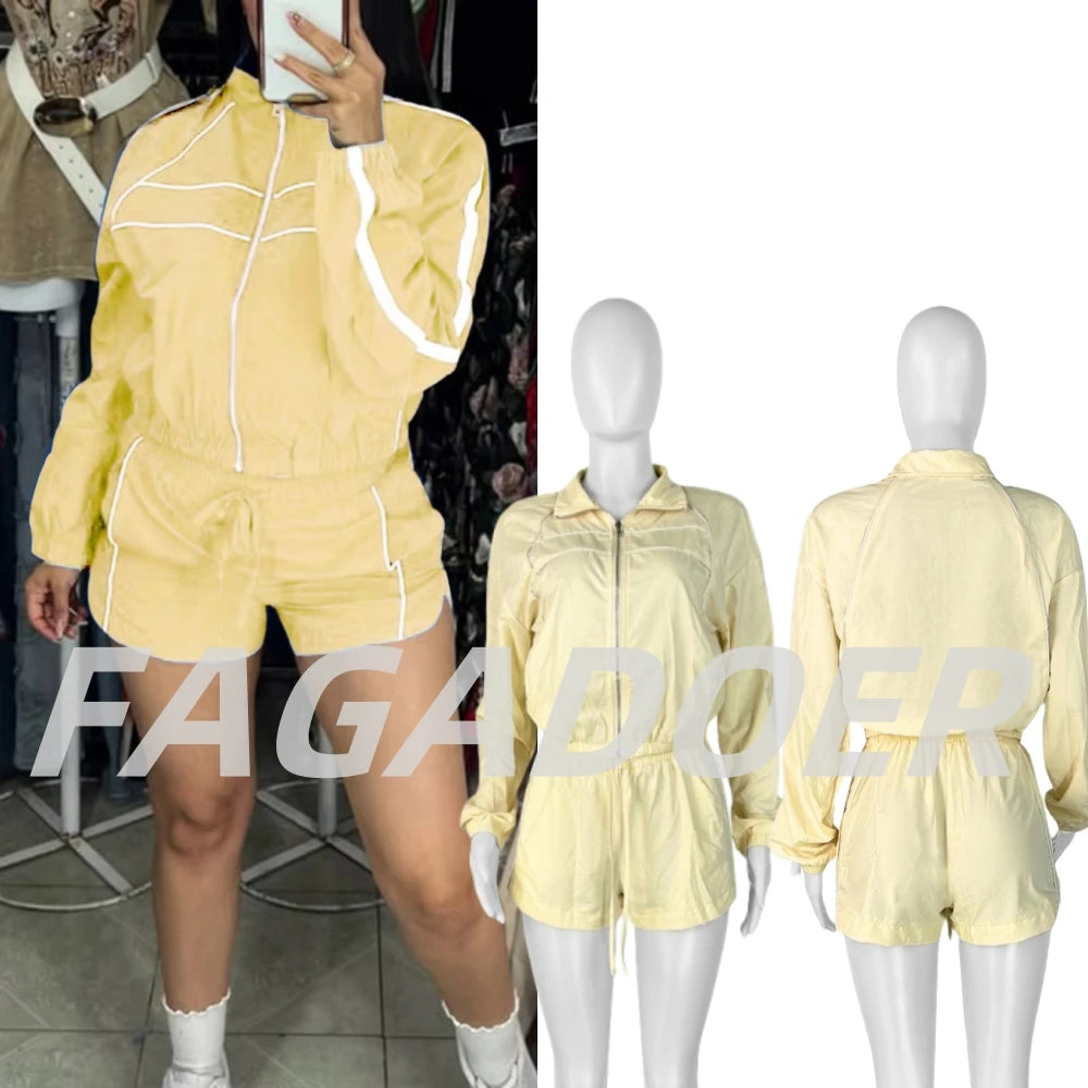 FAGADOER Casual Color Block 2 Pieces Set for Woman Long Sleeve Zipper Crop Jacke and Drawstring Shorts Female Jogger Clothing