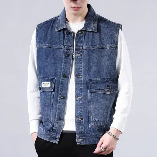 Loose Men's Denim Vest Spring Autumn American Retro Style Sleeveless Workwear Jacket Casual Trendy Brand Outerwear