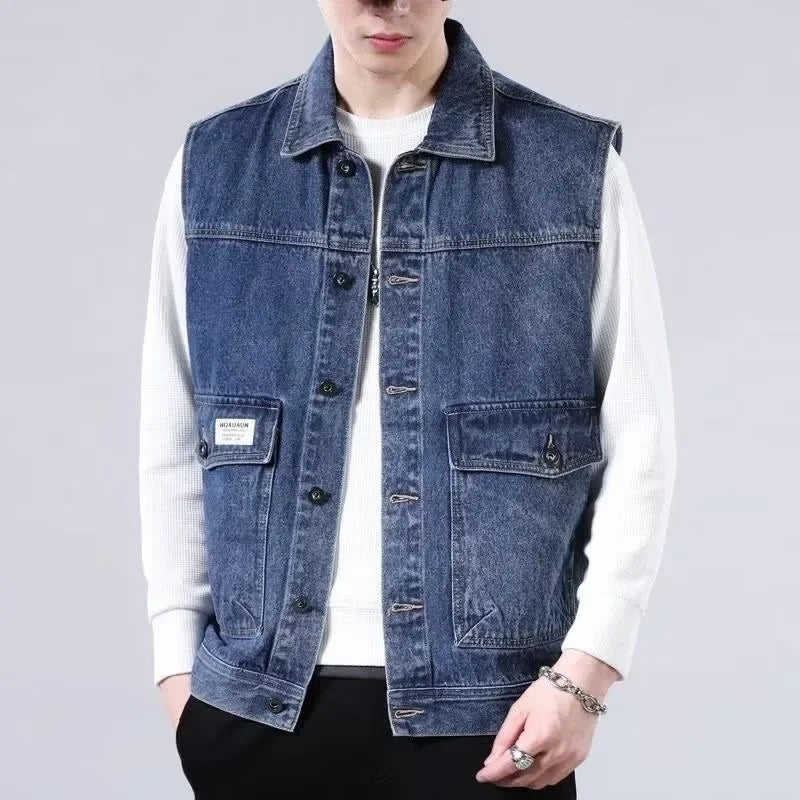 Loose Men's Denim Vest Spring Autumn American Retro Style Sleeveless Workwear Jacket Casual Trendy Brand Outerwear