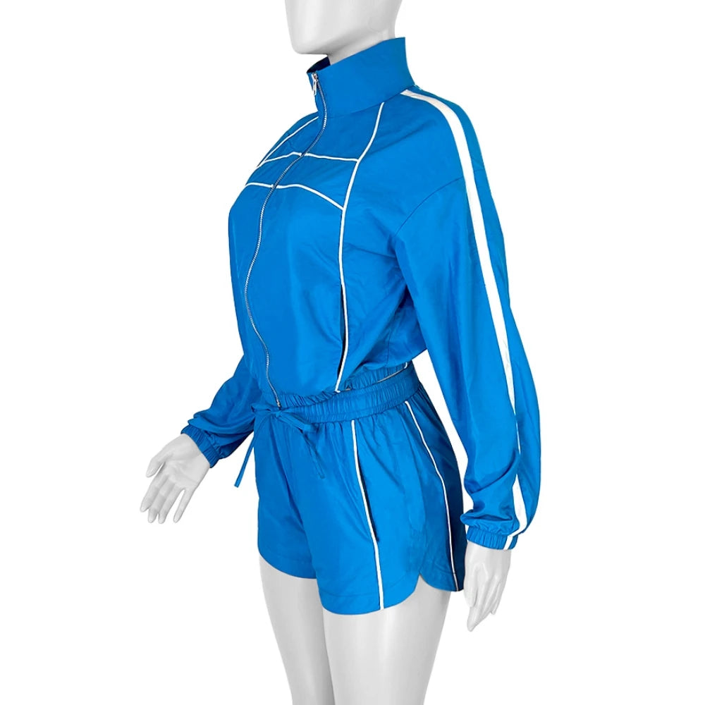 FAGADOER Casual Color Block 2 Pieces Set for Woman Long Sleeve Zipper Crop Jacke and Drawstring Shorts Female Jogger Clothing