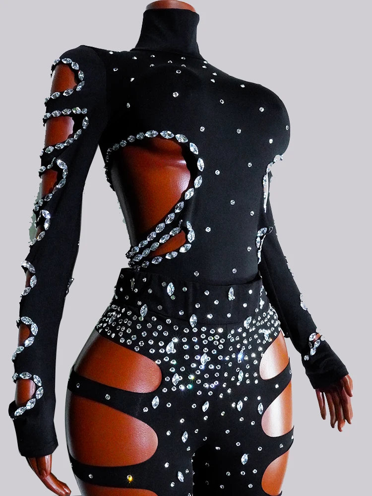 Drag Queen Outfit Sparkly Black Hollow Sexy 2 Piece Crystal Women Evening Prom Celebrate Birthday NightClub Performance Costume