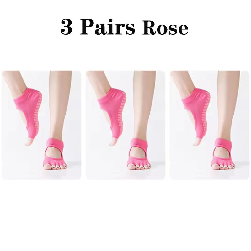 3 Pairs Women Backless Five Toe Yoga Socks Non-Slip Cotton Dance Ballet Pilates Socks Open Half Breathable Fitness Sports Socks