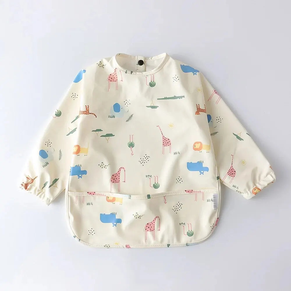 1pcs Children Feeding Aprons Long Sleeve Baby Bib With Pocket Full Cover Kid Gown With Bag Waterproof Long-Sleeve Smock