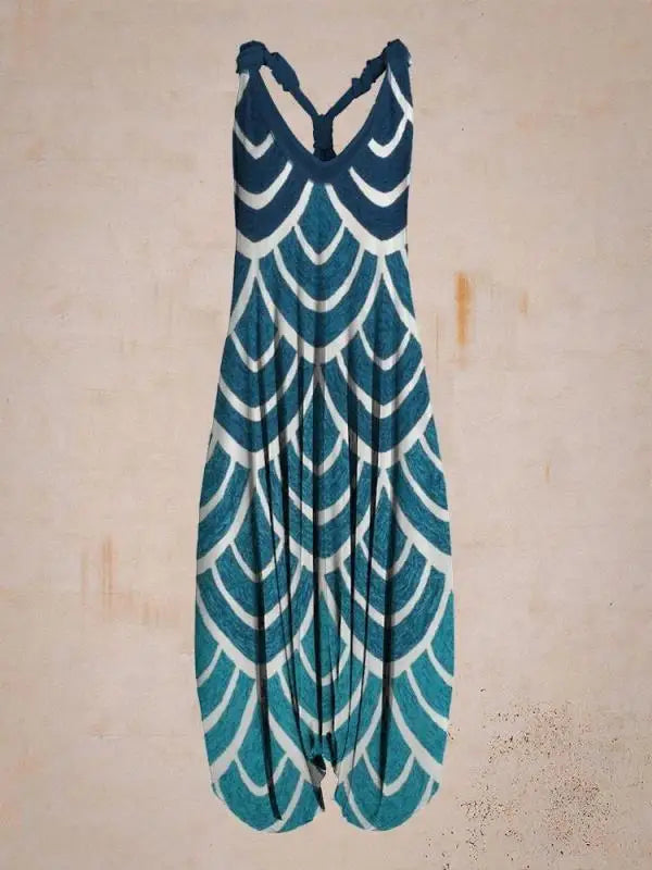 Bohemian Women's V-neck Sleeveless Jumpsuit Retro Ethnic Halter Top Harem Pants Beach Fashionable Casual Floral Print Jumpsuit