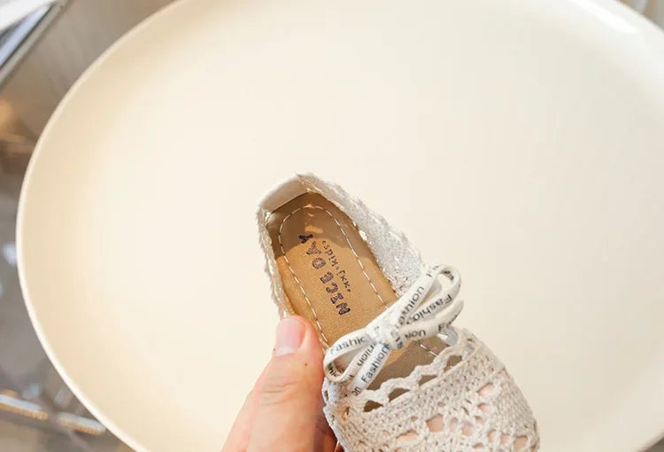 Bow Mesh Girls Flats Shoes Hollow Out Lace Solid Kids Princess Shoes Hook Loop Non Slip Toddler Children Fashion Shoes