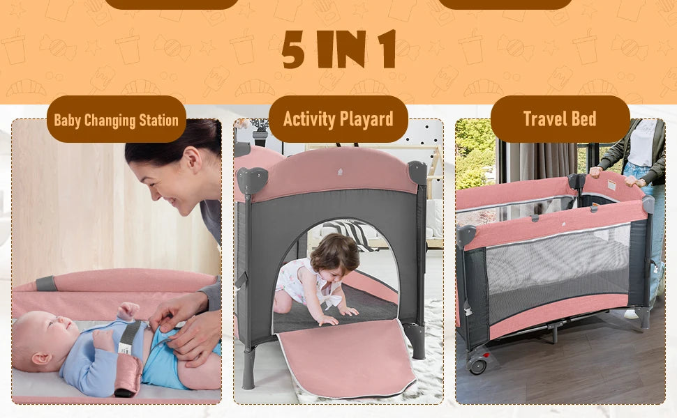5 in 1 Baby Crib, Baby Bassinet Beside Sleeper, Pack and Play with Bassinet and Changing Table Portable Travel Baby Playpen