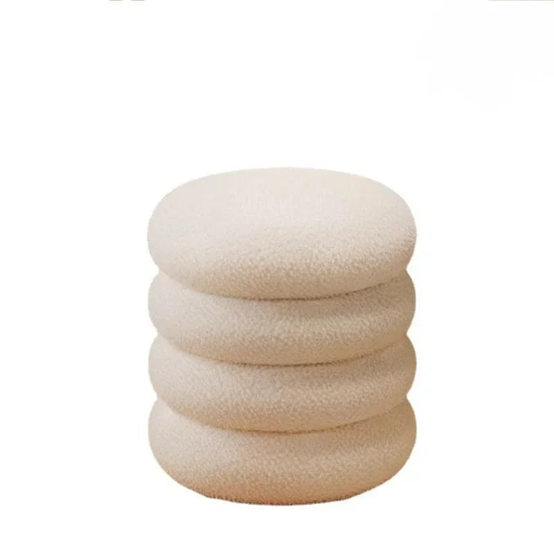 Creamy Household Stool for Girls, Makeup Seat, Bedroom Vanity Chair, Soft Lamb Wool Pouf, Minimalist Manicure, Round Ottoman