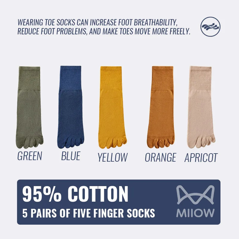 MiiOW 5Pairs Men Five Finger Long Socks Set Lycra Band Deodorant Antibacterial Sports Split Toe Stocking Causal Pure Cotton Sock