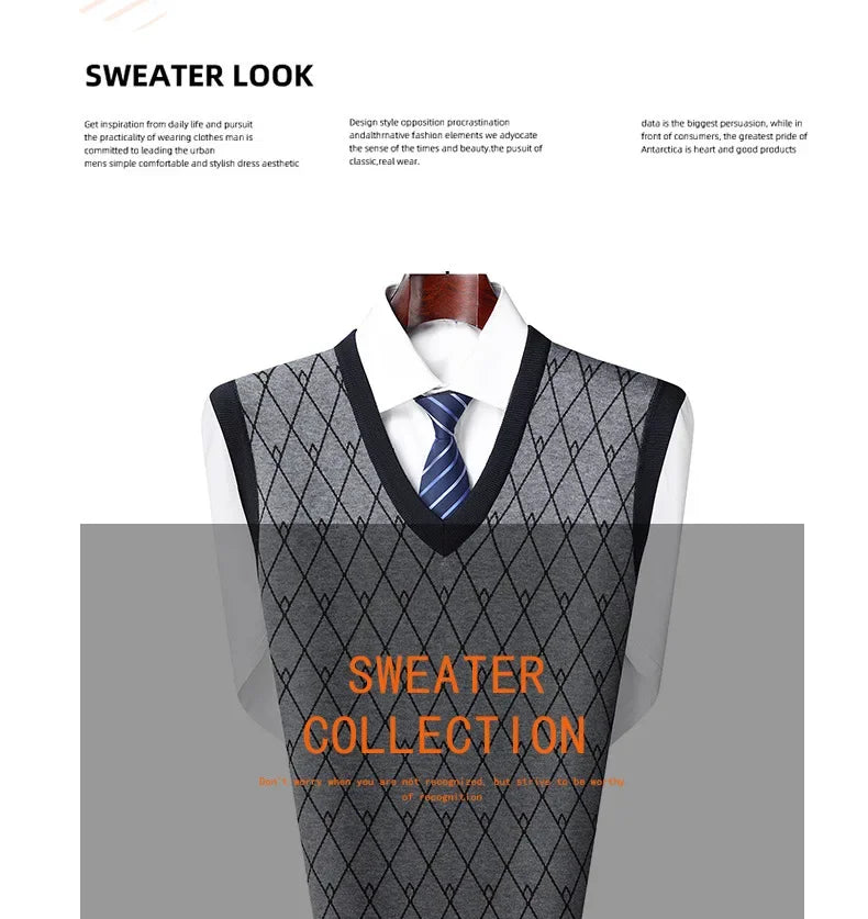 Men's Sweatvest Knit Vest 2023 Autumn Winter New Style Casual Fashionable V-Neck Middle-Aged And Elderly Pullover