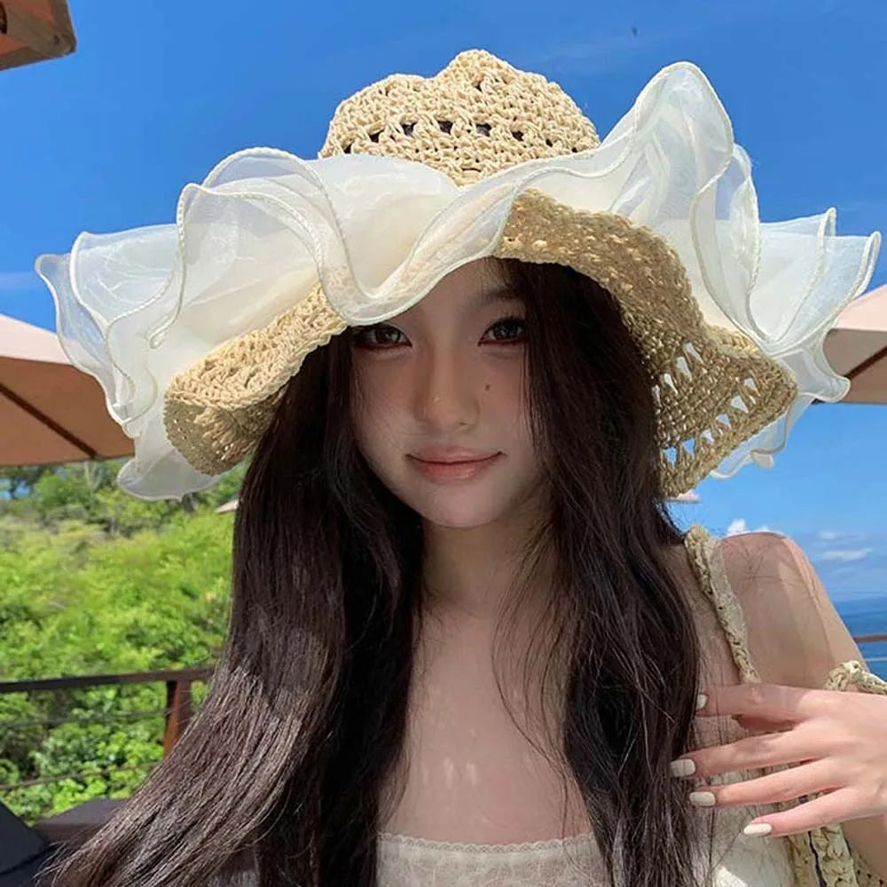 Beige Portable Lace Pearls Sun Cap Hollow Out Polyester Straw Weaving Beach Hat Breathable Thin Big Brimmed Woven Cap Women