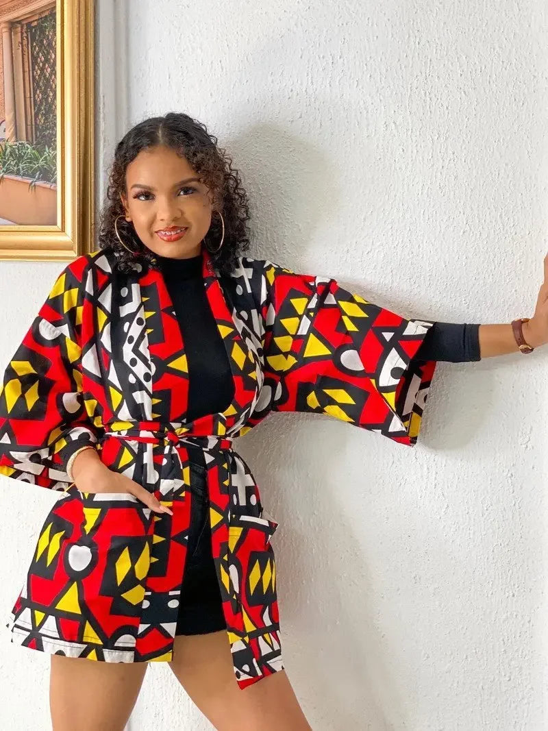 African  Printing Dress Women's Fashion Kimono Cardigan Coat Dashiki Geometric Belt Dress Plus Size Retro African Christmas Robe
