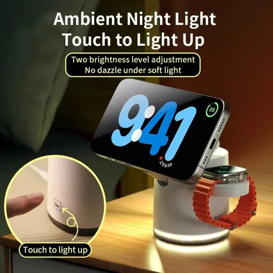 Wireless Charger 4 in 1 QI2 Fast Charging Dock Stand Night Light For Magsafe iPhone 16 15 14 Pro Max Airpods Pro 2-8 Apple Watch