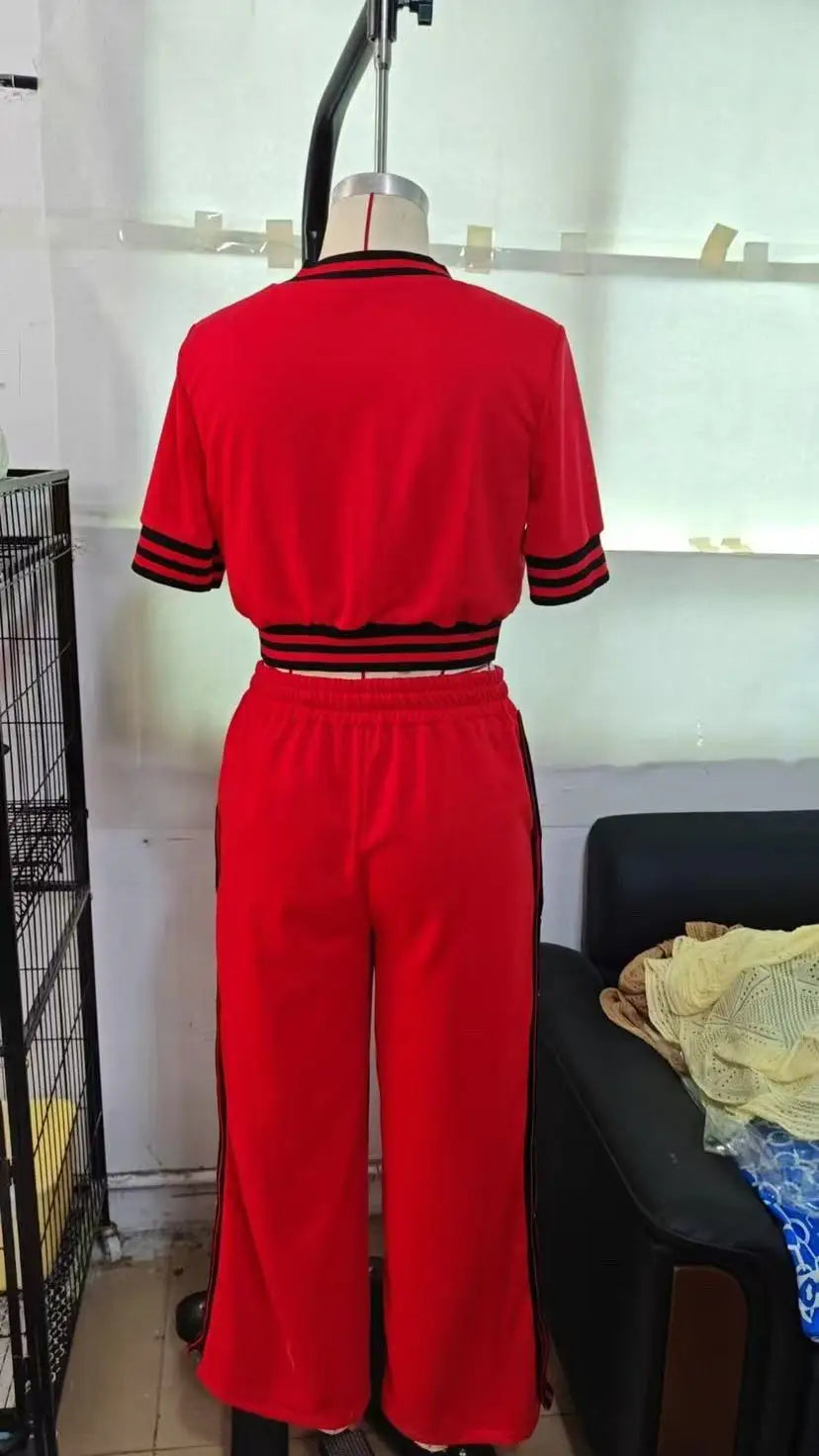 Fashion Rivet T Shirt Short Sleeved Long Pants Women's Set Autumn Casual Striped Red Slit Straight through Long Pants Sports Set