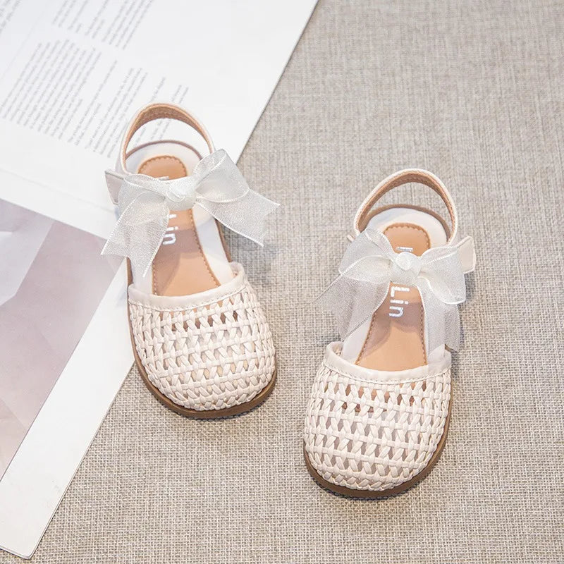 Braided Sandal for Girl Princess Summer Shoe Child Soft Sole Close Toed Butterfly Beach Shoe Kids Casual Shoe Beige Brown Silver