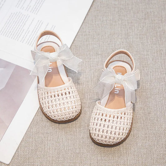 Braided Sandal for Girl Princess Summer Shoe Child Soft Sole Close Toed Butterfly Beach Shoe Kids Casual Shoe Beige Brown Silver