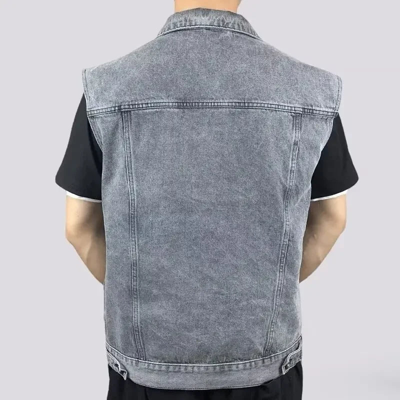 Men's Denim Vest Sleeveless Multi-Pocket Solid Color Spring Autumn Fashion Outerwear Casual Style Pure Color Top Coat