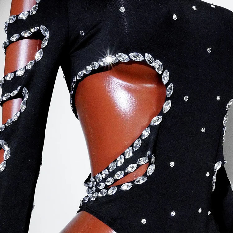 Drag Queen Outfit Sparkly Black Hollow Sexy 2 Piece Crystal Women Evening Prom Celebrate Birthday NightClub Performance Costume