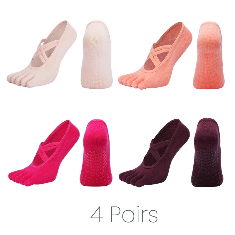 1/4 Pairs New Women Anti Slip Pilates Socks Five Toe Silicone Non-Slip Yoga Sock Bandage Ladies Fitness Sports Cotton Sock