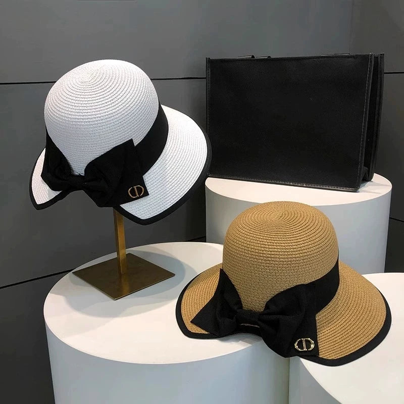 Summer Girls Sun Hats Wide Brim Bowknot Straw Hat with Ribbon Outdoor Sun Protection Women Hats Soild Color Ladies Panama Caps