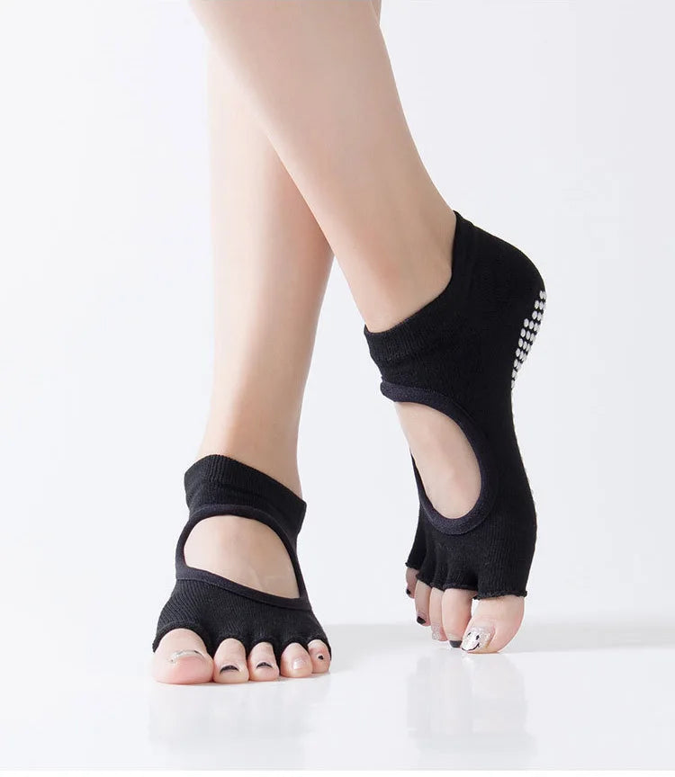 3 Pairs Women Backless Five Toe Yoga Socks Non-Slip Cotton Dance Ballet Pilates Socks Open Half Breathable Fitness Sports Socks