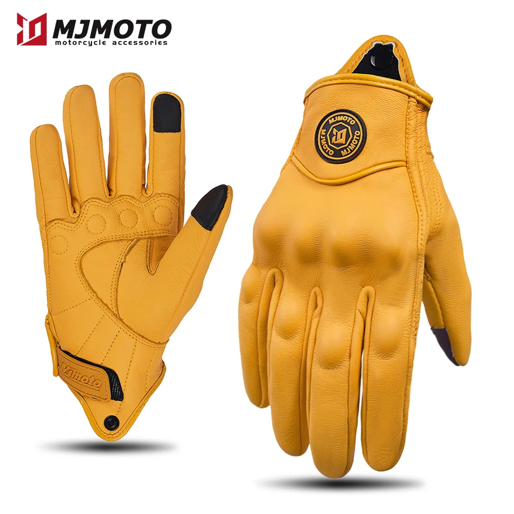 Retro Yellow Leather Motorcycle Gloves Men Women Breathable Perforated Motorbike Racing Gloves Touch Screen Motocross Moto Glove