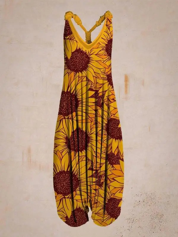 Bohemian Women's V-neck Sleeveless Jumpsuit Retro Ethnic Halter Top Harem Pants Beach Fashionable Casual Floral Print Jumpsuit