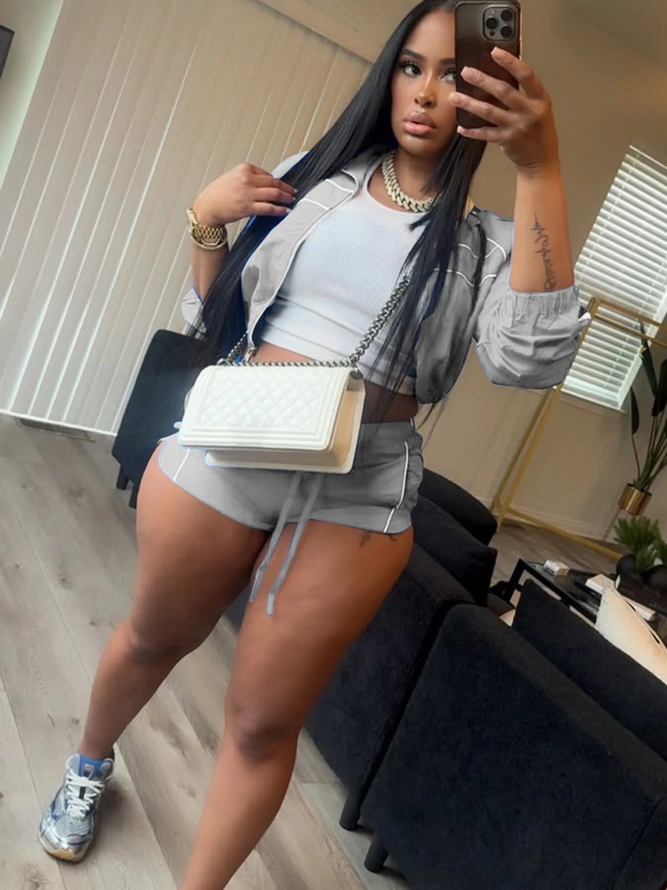 Shorts Pant Set Women Two Piece Sets Turn Down Collar Matching Sets Zipper Coats High Waist Y2k Streetwear Elegant Short Pants