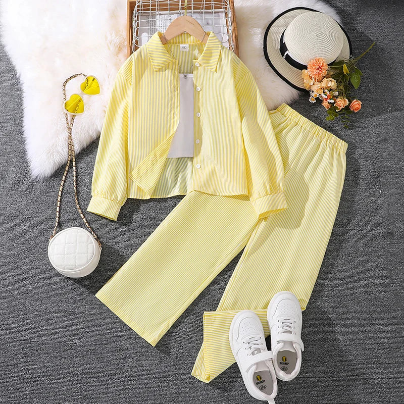 Kids Costume Suit For 4-12 Years Girls Pink Striped Long Sleeve Lapel Cardigan Shirt & Pants Daily Causal Style Comfortable Suit