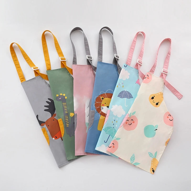 Cute Cartoon Children Apron with Sleeves Set Baby Bibs Kids Craft Art Apron Kitchen Cooking Suit Toddler Burp Cloths for 3-12Y