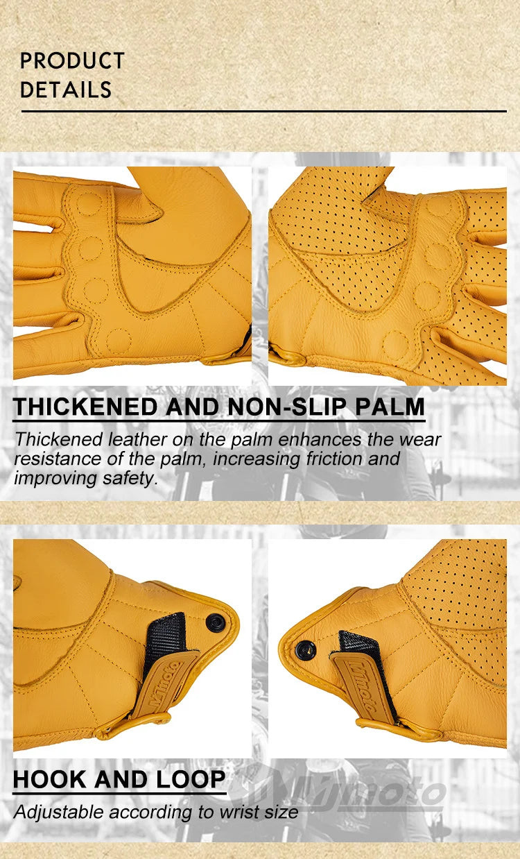 Retro Yellow Leather Motorcycle Gloves Men Women Breathable Perforated Motorbike Racing Gloves Touch Screen Motocross Moto Glove