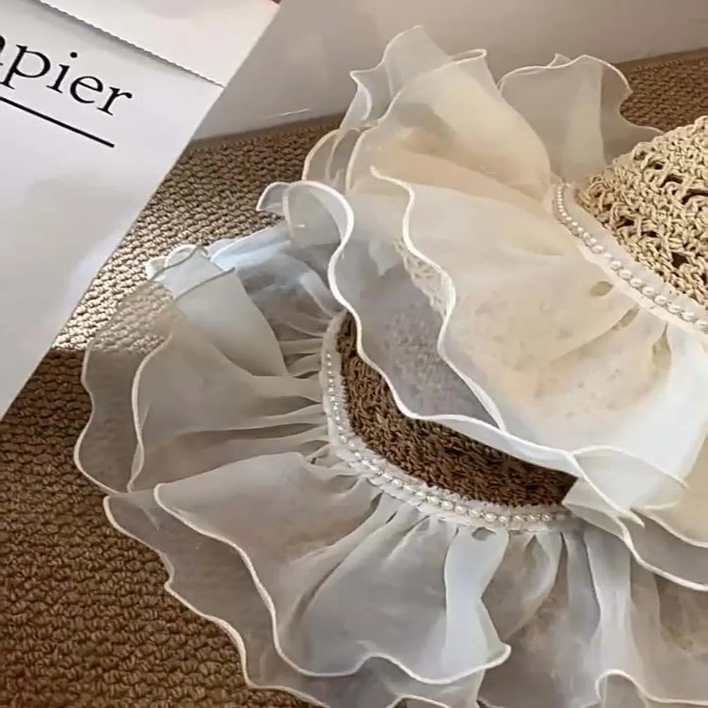 Beige Portable Lace Pearls Sun Cap Hollow Out Polyester Straw Weaving Beach Hat Breathable Thin Big Brimmed Woven Cap Women