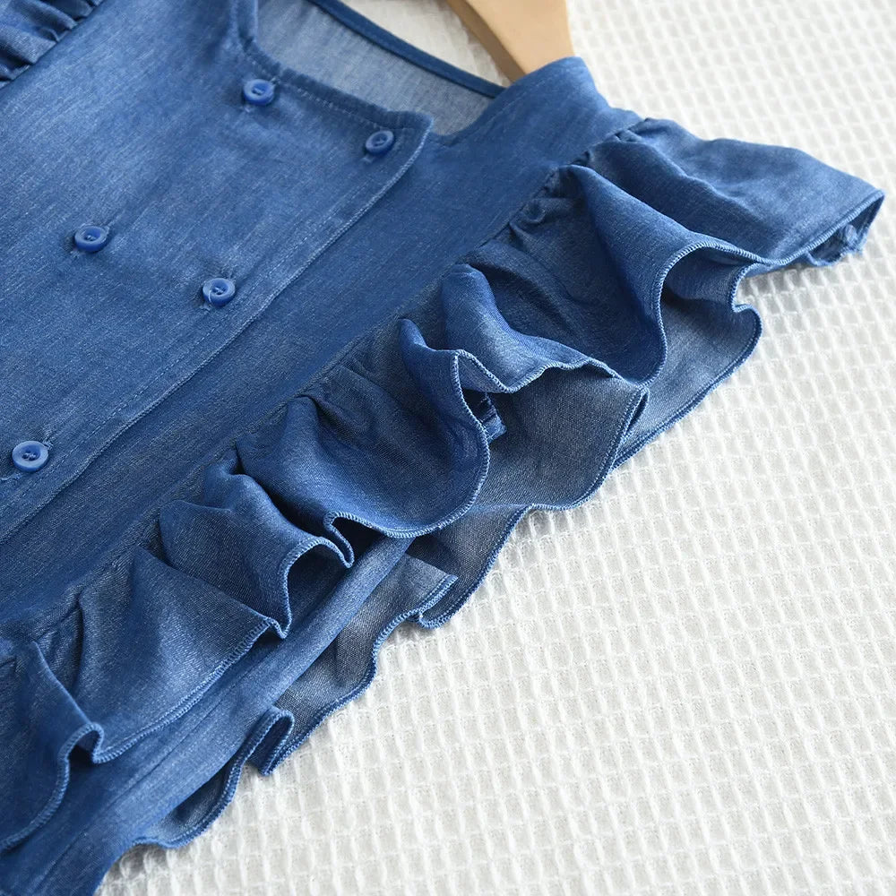 Bear Leader Toddler Girl Clothes Summer Solid Color Imitation Denim Children's Suit Blue Ruffled Sleeveless Vest+Pants 2Pcs Set