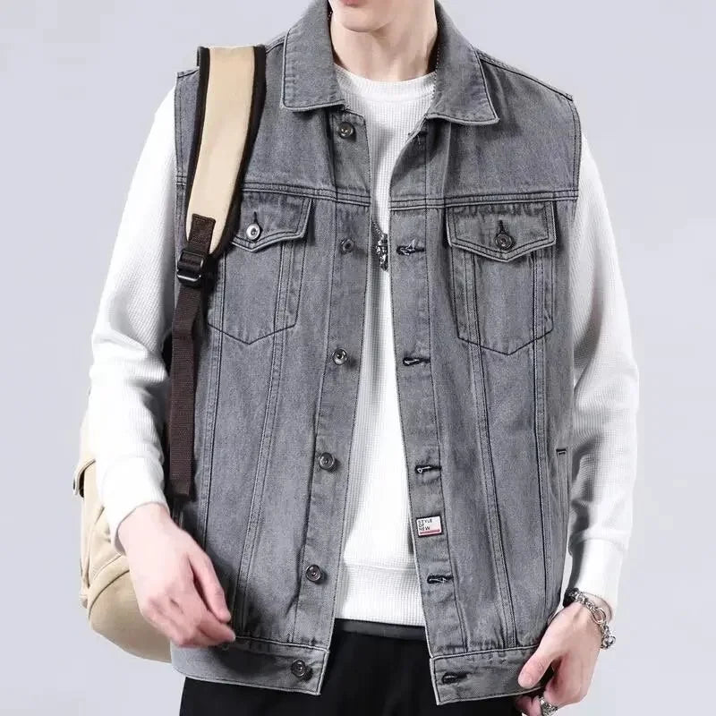Men's Denim Vest Sleeveless Multi-Pocket Solid Color Spring Autumn Fashion Outerwear Casual Style Pure Color Top Coat
