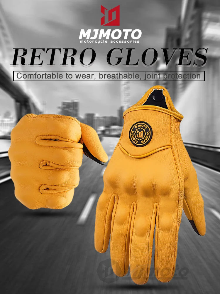 Retro Yellow Leather Motorcycle Gloves Men Women Breathable Perforated Motorbike Racing Gloves Touch Screen Motocross Moto Glove