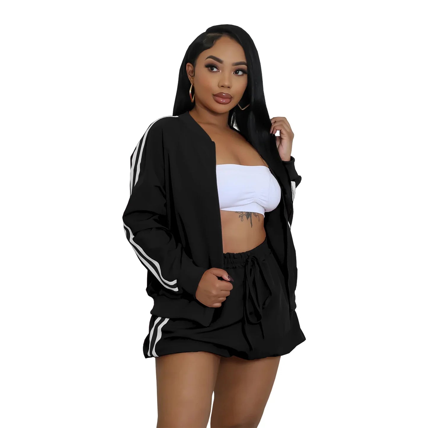 CM.YAYA Women's Set Full Sleeve Striped Coats Top + Short Skirts Spring Active Sporty Street Two 2 Piece Sets Outfits Tracksuit
