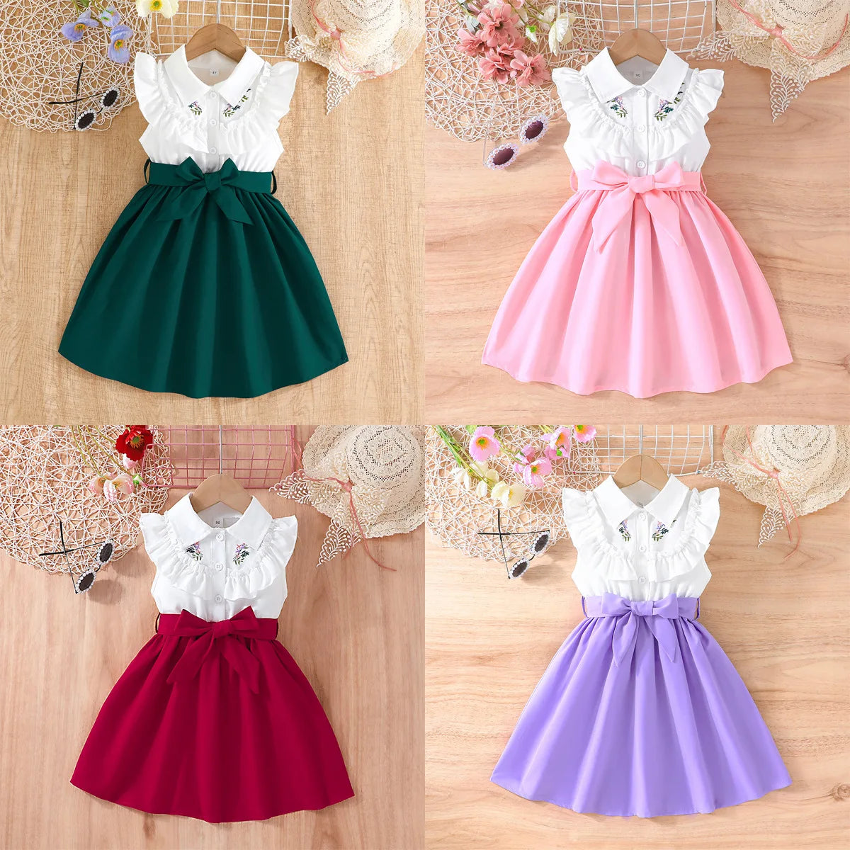 Prowow Lady Girl's Dresses Sleeveless Embroidery Floral Lotus Dress Turn-Down Collar Patchwork Shirt Dress For Girls With Belt