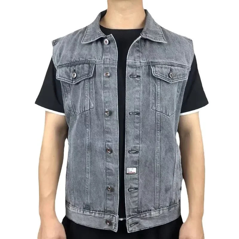 Men's Denim Vest Sleeveless Multi-Pocket Solid Color Spring Autumn Fashion Outerwear Casual Style Pure Color Top Coat