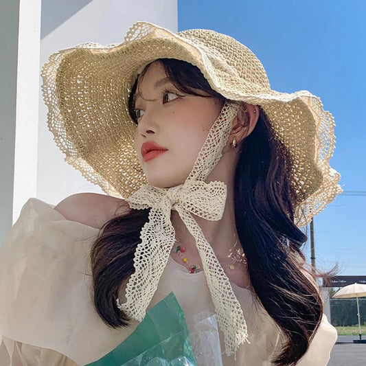 Lace Bow Women Straw Hat Wide Brim Hollow Out Grass Handwoven Visors Bucket Cap Korean Girl Beach Tour Foldable Sunshade Hats