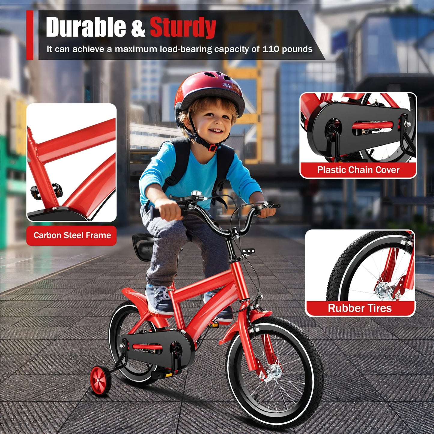 14inch Children's Bicycle with Training Wheel for 2-5 Year-Old Boys and Girls, Height Adjustable Kids Bike White/Yellow/Red/Blue