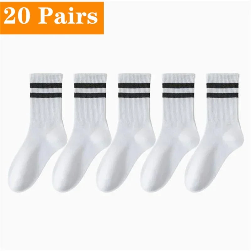 Mid Length Socks Women Classic Black White Solid Color Fashionable Casual Sports Absorbing Breathable Men Socks 1/7/10/20 Pairs