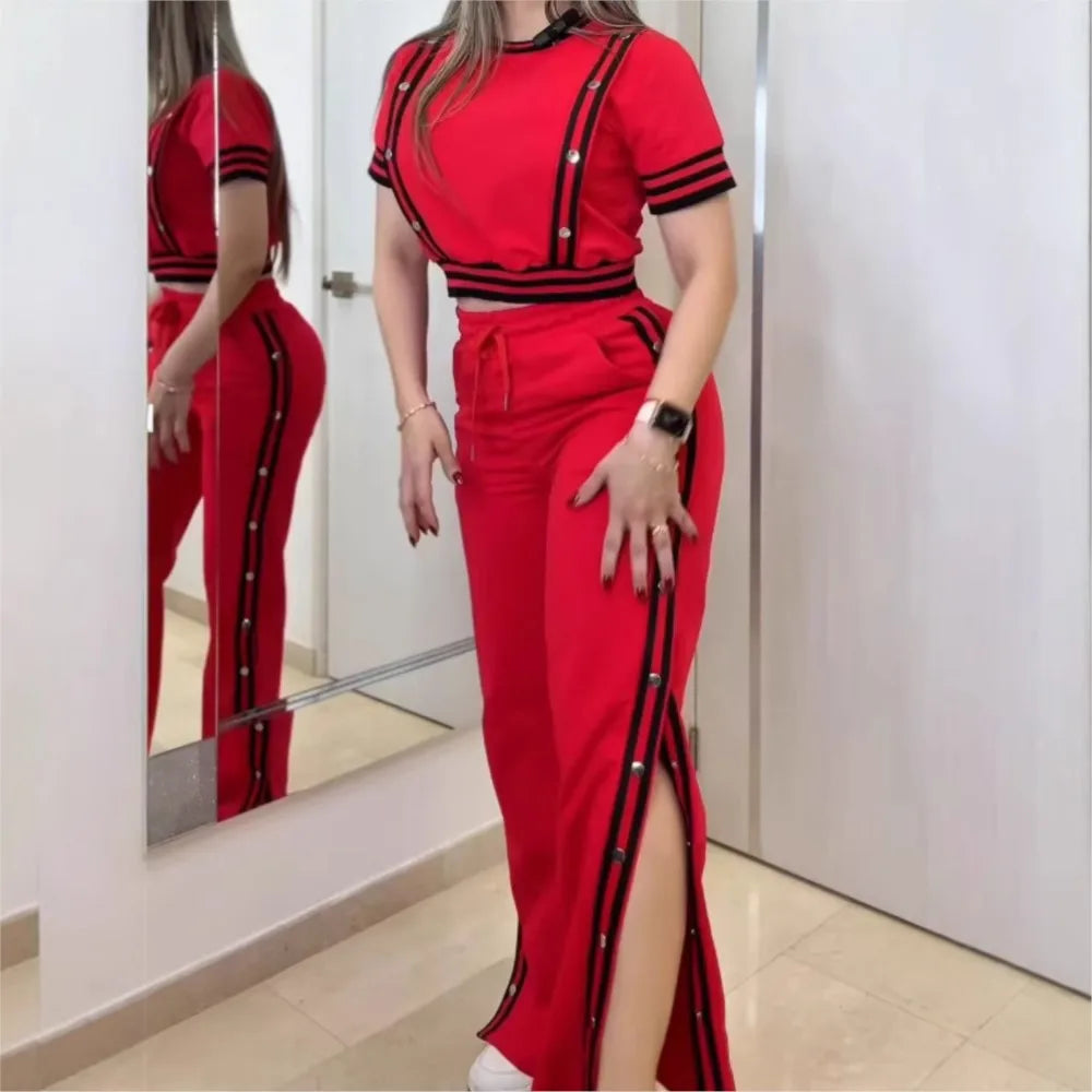 Fashion Rivet T Shirt Short Sleeved Long Pants Women's Set Autumn Casual Striped Red Slit Straight through Long Pants Sports Set