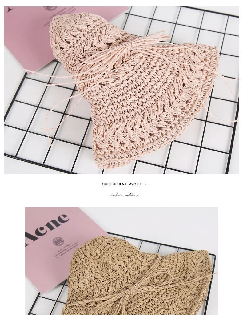 Foldable Sun Protection Straw Hat Women's Summer Korean Style Beach Vacation Outing Large Brim Sand Beach Cap Lace Net Hat