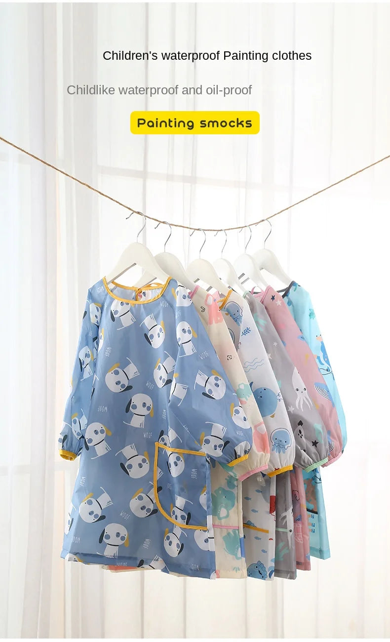Children's Painting Blouse Waterproof and Anti-dirty Baby Eating Clothes Painting Small Apron Long-sleeved Art Kindergarten Bibs